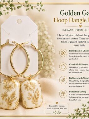 Golden Garden Hoop Dangle Earrings - White & Gold Floral Enamel